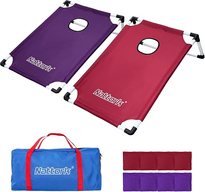 Portable Cornhole Set PVC Framed Corn Holes Outdoor Game Set with 2 Cornhole Boards, 8 Cornhole Bean Bags and Carrying Case, Camping Games Indoor Outdoor for Kids and Adults, Travel Camping Accessory