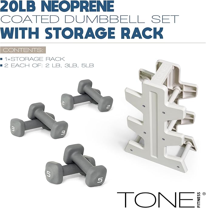 Tone Fitness Neoprene Dumbbell Set with Storage Rack – Non-Slip, Anti-Roll Hand Weights for Home Gym Workouts | 20 lb, 32 lb, & 50 lb Options