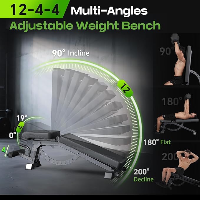Adjustable Weight Bench with 12x4x4 Positions, 1200LB Heavy Duty Workout Bench for Home Gym, Commercial Incline-Flat-Decline Bench Press for Full Body Fitness, Fully Upright Backrest with 4 Suitable Leg Rest Gears