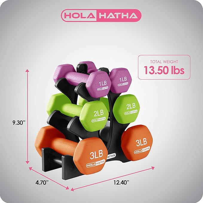 HolaHatha 2, 3, 5, 8, and 10 Pound Neoprene Dumbbell Free Hand Weight Set with Rack, Ideal for Home Exercises to Gain Tone and Definition, Pastel