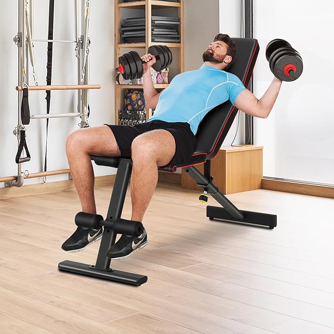 GYMAX Weight Bench, Adjustable Bench Press with 8 Back Positions & 3 Foot Positions, Padded Back & Seat Cushions, Incline/Decline/Flat Workout Bench for Weight Lifting Strength Training Home Gym