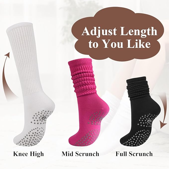 Grip Pilates Socks for Women, Yoga Slouch Socks with Grip for Barre Workout Hospital Long Scrunch Slipper Socks