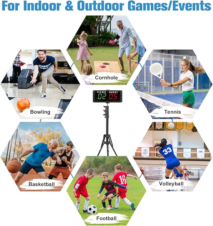 Samshow LED Electronic Scoreboard Digital Score Keeper with Remote & Tripod, Basketball Scoreboard with Shot Clock & Timer & 12/24h Real Time for Football/Corn Hole/ping Pong/Table Tennis