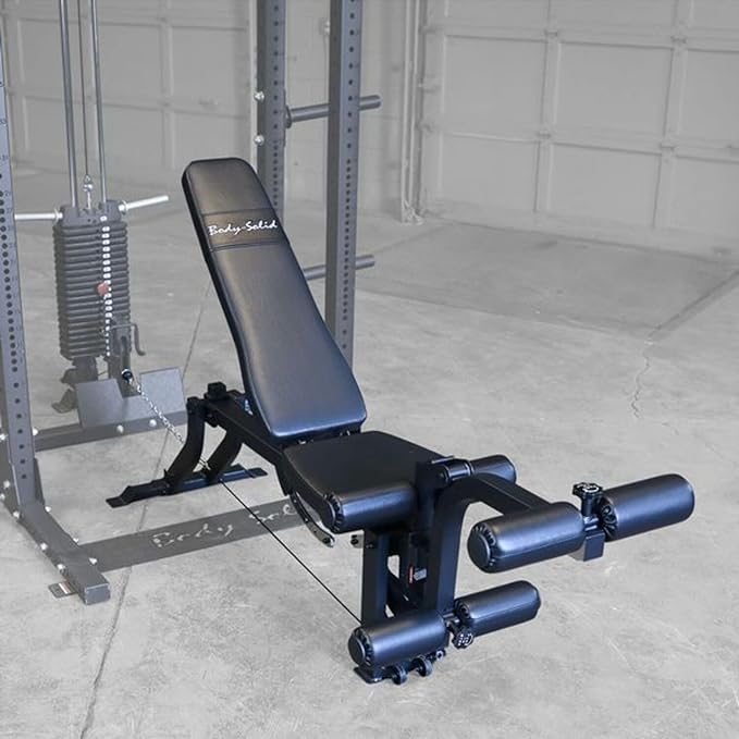 Body-Solid (GLEG) Adjustable Weight Bench with Cabled Leg Developer for Power Rack Weight Attachment, Foldable Workout Bench for Dumbbell Workouts, Incline Decline Bench