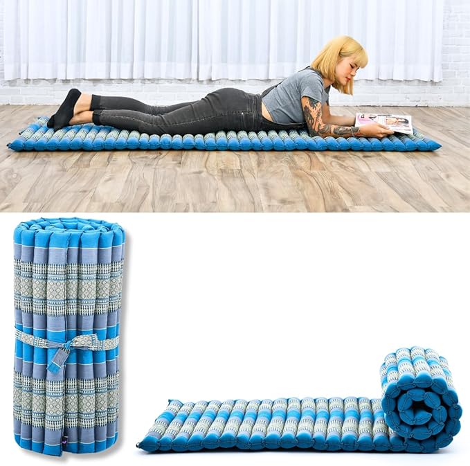 Leewadee - Foldable Floor Mattress - Japanese Roll Up Futon -Trifold Tatami Mat- Guest Floor Bed - Camping Mattress - Thai Massage Mat, Kapok Filled, 75 x 28 inches, Light Blue