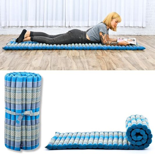 Leewadee - Foldable Floor Mattress - Japanese Roll Up Futon -Trifold Tatami Mat- Guest Floor Bed - Camping Mattress - Thai Massage Mat, Kapok Filled, 75 x 28 inches, Light Blue