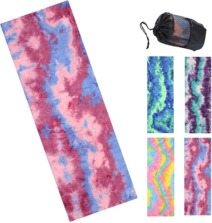 Tie-Dye Hot Yoga Towel with Non-Slip Grip Dots, Microfiber Yoga Mat Sweat Absorbent Mat Cover for Yoga, Pilates, & Workouts - 72" x 24.8", Free Carry Bag (Pink)