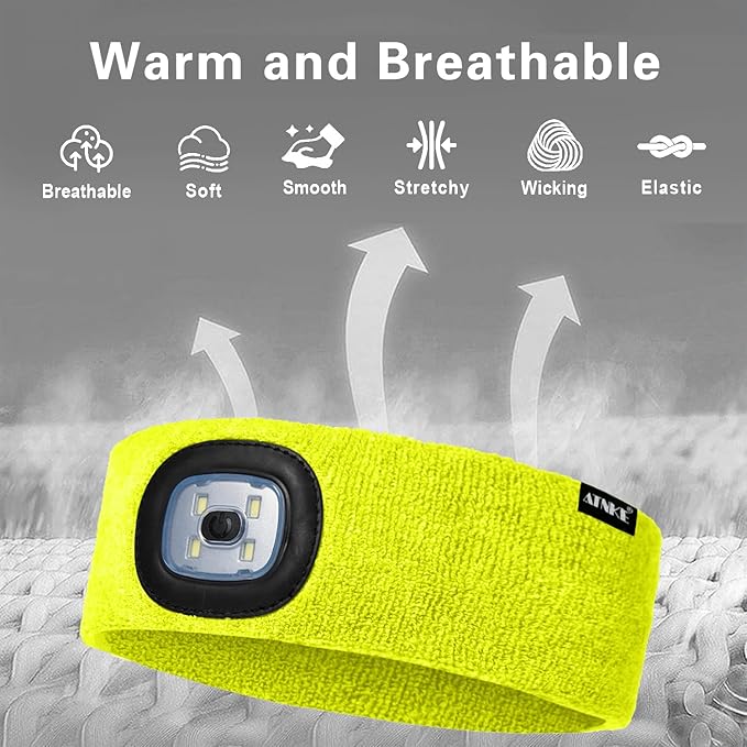 ATNKE 4 LED Lighted Sport Sweatband,USB Rechargeable Running Head Band Lamp High Stretch Wicking Gifts for Men and Women
