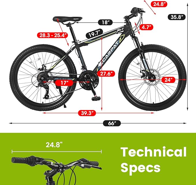 24/26 Inch Mountain Bike, 21 Speed Mountain Bicycle with High Carbon Steel Frame, Dual Disc Brakes and Front Suspension, MTB Bike for Adult Teenagers Boys Girls