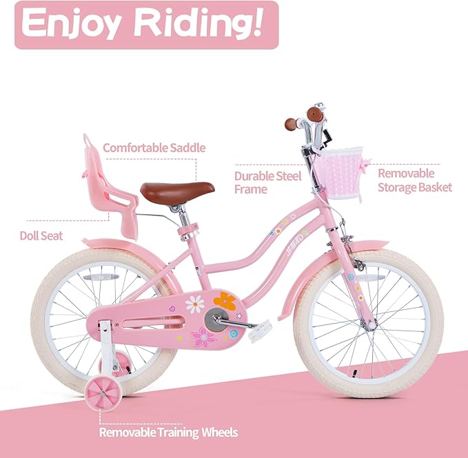 JMMD Girls Bike for 4-12 Years Old Kids, 12 14 16 18 20 24 Kids Bike with Training Wheels, Basket and Doll Seat, Toddler Girls Bicycles with Handbrake & Kickstand, Multiple Colors