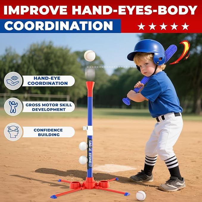 EagleStone 3-in-1 Toddler T Ball Set for Kids 3-5, 5-8, 2 Baseball Bats,Adjustable Height Hanging Tee,Tball Batting Stand,Ball Launcher. Outdoor/Indoor Baseball Toys for Toddlers, Backyard Sports Gift