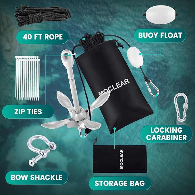 Kayak Anchor Kit, 1.5/3.5 lb Compact Folding Grapnel Anchor for Kayaks, Canoes, SUPs, Jet Skis, Small Boats - Lightweight Portable Marine Boat Anchor with Rust-Resistant Design