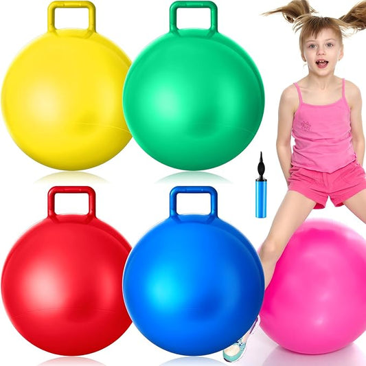 Lewtemi 4 Pcs 22 Inch Hopper Ball Carnival Outdoor Games Jumping Hopping Inflatable Bouncing Ball with Handle and Air Pump for Kids Adult Sport Exercise