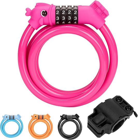 Bike Lock, 3.9 Feet 4-Digit Resettable Combination Password Anti-Theft Cable Lock, Cute Coiled Bike Lock with Mounting Bracket, Suitable for Bicycles, Electric Scooters, Ebikes (Pink-10mm)