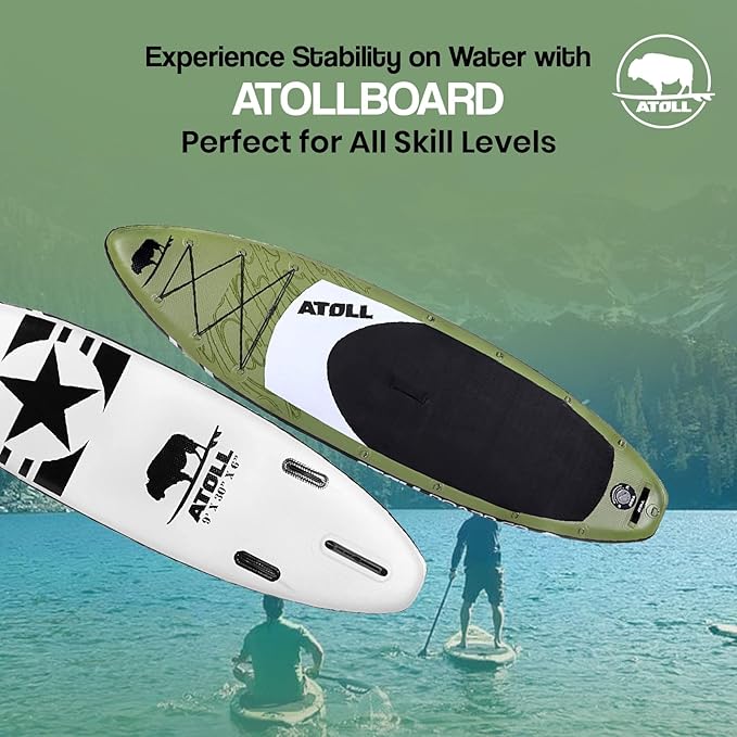 Atoll Inflatable Stand Up Paddle Board ISUP, Bravo Hand Pump and 3 Piece Paddle, Travel Backpack and Accessories New Leash Included Two Sizes - 11ft and 9ft