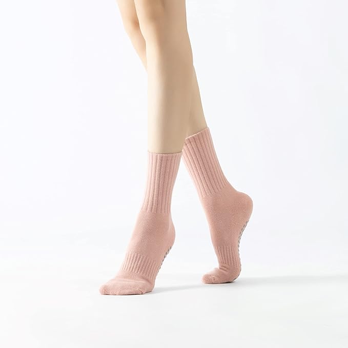 Yoga Pilates Socks with Grips for Women Non Slip Solid Colored Fleece Cushioned Mid Calf Crew Socks for Barre Ballet Dance