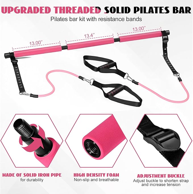 Pilates Bar Kit with Resistance Bands for Working Out, Pilates Equipment with Ab Roller for All Fitness Levels, Portable Home Gym Full Body Workout Equipment for Women&Men