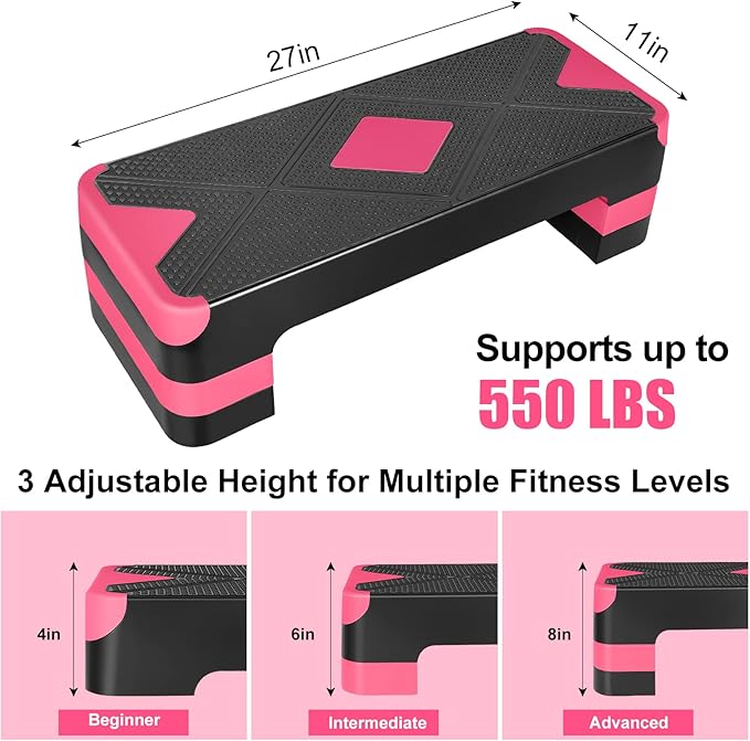 Exercise Workout Aerobic Step Platform Trainer, 27" Aerobic Stepper with 4"-6"-8" Adjustable Height Risers