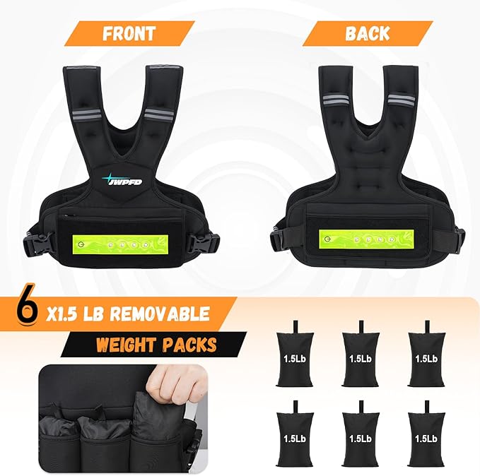 Adjustable Weighted Vest for Women Men, 6-15 Lbs Rucking Vest with LED Light Strips, Weight Vest with 6 Ironsand Weights, and Zipper Pocket for Strength Training, Walking, Running