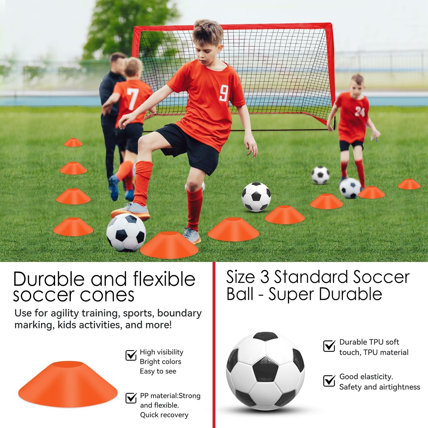 Fololicx Red Soccer Goals for Backyard, 2 of 6x4ft Kids Soccer Net Training Equipment, Portable Pop Up Toddler Soccer Goal with Soccer Ball, Scoring Target Cloth, and Cones - Fun Youth Outdoor Games