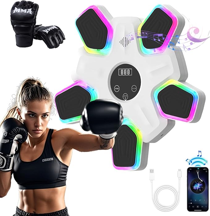 Music Boxing Machine, Intelligent Musical Punching Workout Trainer with 7 LED Color, Boxing Gloves, Smart Bluetooth, Agile Digital System and Wall-Mounted 2025 Newest Version
