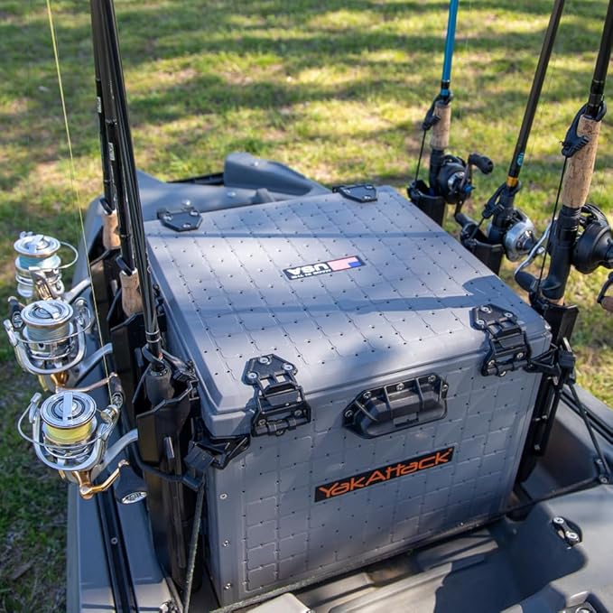YakAttack BlackPak Pro 16" x 16" Kayak Fishing Crate with 6 Rod Holders - Battleship Grey | Tackle Storage Box & Fishing Gear Organizer | Lightweight, Durable & Customizable Kayak Fishing Accessory
