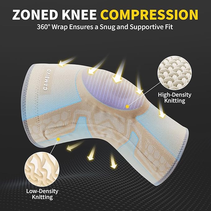 CAMBIVO 2 Pack Knee Brace for Men and Women, Knee Sleeves for Men with Patella Gel Pad and Side Stabilizers, Knee Compression Sleeves for Knee Pain Relief, Running, Workout, Daily Use