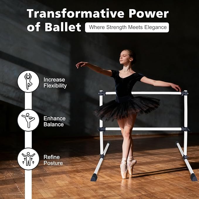 4FT/6FT Freestanding Ballet Barre Wood/Steel Height Adjustable from 7 to 46 inch Ballet Bar Portable Double Dance Bar for Home Workout and Stretch
