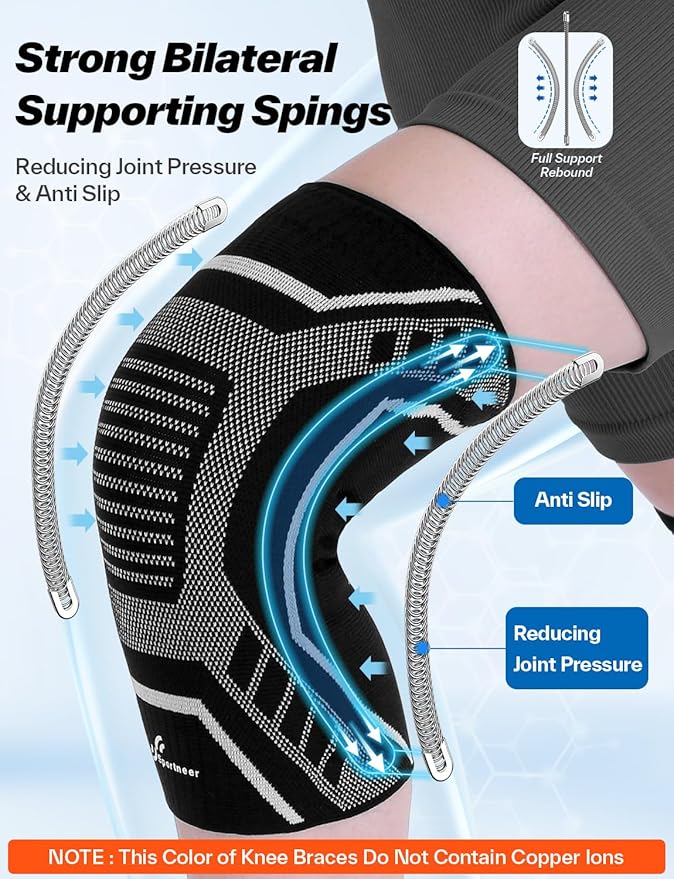 Copper Knee Brace for Men & Women - Knee Compression Sleeve with Side Stabilizers - Knee Support for Running, Hiking, Working, Basketball, Volleyball, Gym, Meniscus Tear, ACL, Arthritis Knee Pain Relief, A Pair (Black-No Copper(a pair), Medium(16"-18.5"))