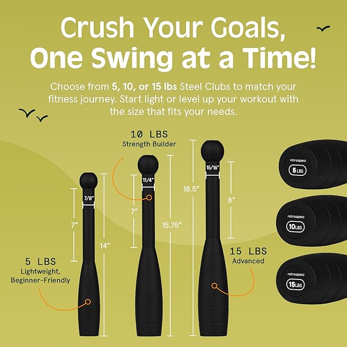 Retrospec Grip Steel Club Strength Training, Rehabilitation, Stretching, Conditioning and Rotational Training - 5, 10, 15lb Options for Women & Men