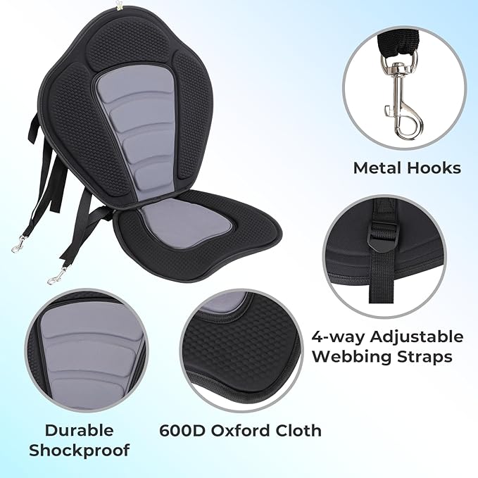 Deluxe Kayak Seat Cushion with Adjustable Backrest, Universal Thicken Cushion for Inflatable Paddleboard, Canoe, Ocean Kayak