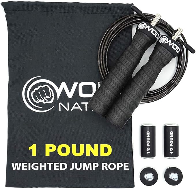 WOD Nation Weighted Jump Rope for Women & Men - 1 Pound (1LB) Adjustable Heavy Speed Jump Rope Handles with Removable Weights 4Crossfit, Cross Training, Boxing.