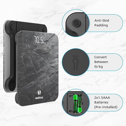 Healthkeep Digital Bathroom Scale, High Precision, with Step-On Technology, LED Display, Slim Design, Max. 180 kg/400 lb, Marbled Gray