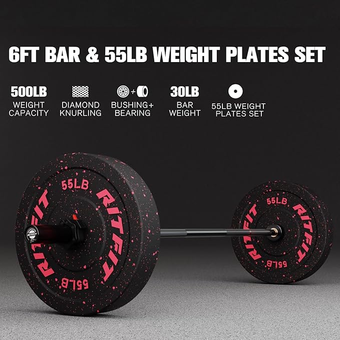 RitFit Barbell Weight Set - 4/6FT Olympic Barbell with Weight Plates (55-275LB Total) - Weightlifting Equipment for Squats, Curls, Deadlifts, Presses, Hip Thrusts
