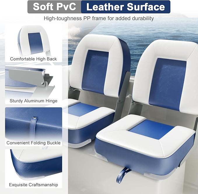 2-Pack 20" High Back Boat Seat with Thickened Sponge Padding and Hinge, Waterproof Boat Captain Chairs, Easy to Store, Ideal for Fishing, Sightseeing, Boating Blue