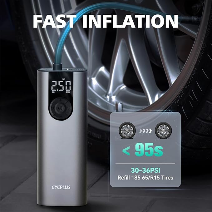 CYCPLUS Bicycle Pump Portable Car Tire Pump,Max 150 PSI, Auto Shut-Off Air Pump with Presta and Schrader Valves Smart Air Inflator Mini Air Compressor for Car Bicycle Motorcycle and Balls