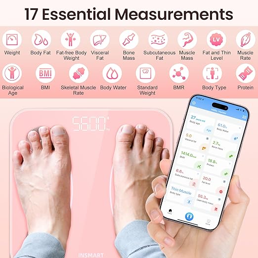INSMART Smart Scale for Body Weight, Digital Bathroom Scale with BMI, Muscle Mass, Bluetooth Body Fat Scale,17 Body Composition Analyzer with Smart APP Sync Weight Scale, 400 lbs - Pink