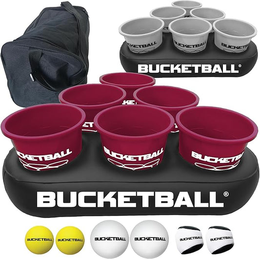 BucketBall | Team Color Edition | Party Pack (Maroon/Silver): Original Yard Pong Game: Best Camping, Beach, Lawn, Outdoor, Family, Adult, Tailgate, Jumbo, Giant Game