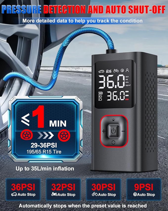 Tire Inflator Portable Air Compressor Cordless Tire Air Pump for Car 150PSI Mini Smart Inflator Fast Inflation and Auto Shutoff with Digital Pressure Gauge LED Light USB Port for Bike Motorcycle Ball
