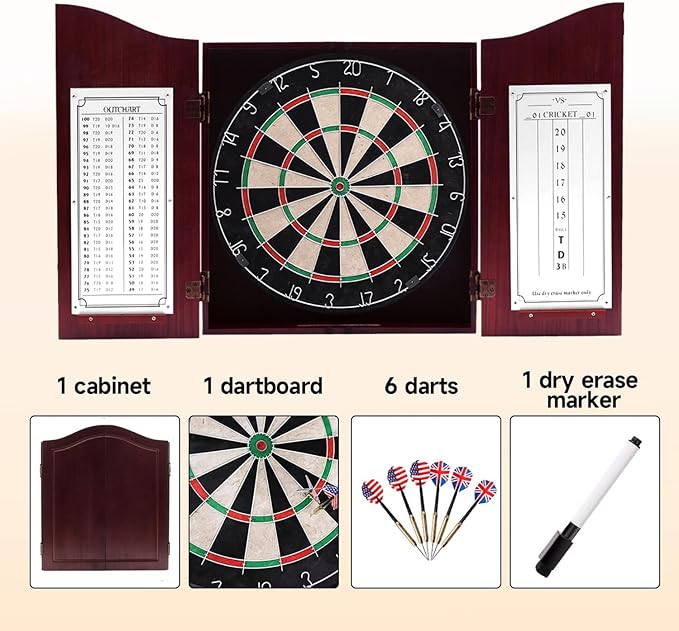 GSE Games & Sports Expert Professional Solid Wood Classic Dartboard Cabinet with Sisal/Bristle Dartboard, Scoreboard, and 6 Steel Tip Darts, Easy Assembly Complete with All Accessories (Deluxe Cherry)