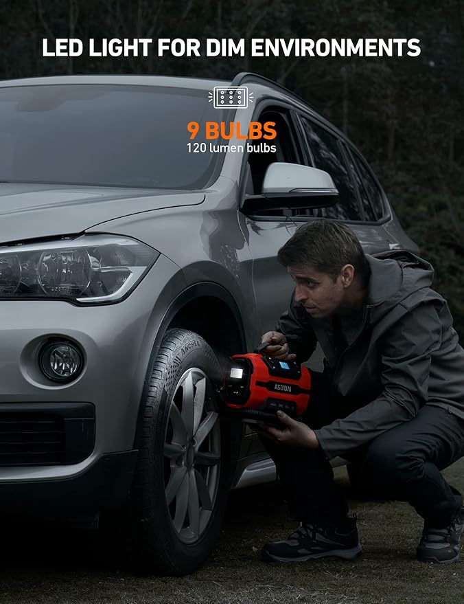 AstroAI Tire Inflator Portable Air Compressor Pump 150PSI 12V DC/110V AC with Dual Metal Motors &LED Light， Automotive Car Accessories&Two mode for car, bicycle tires and air mattresses, Red