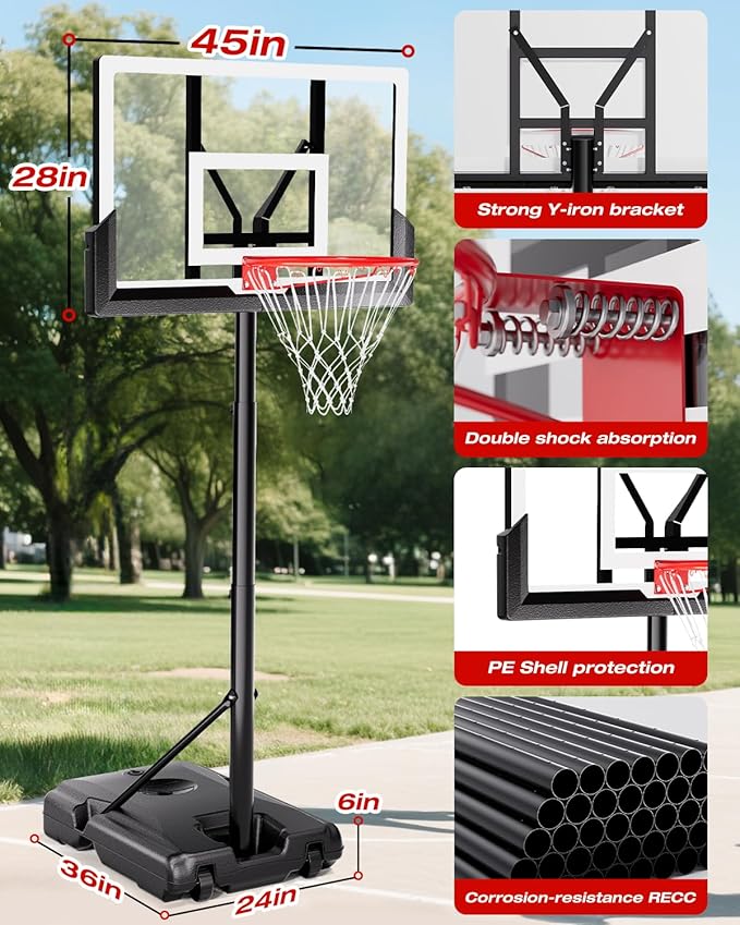 Basketball Hoop Outdoor 10 FT Height Adjustable, Portable Basketball Goals Systems with 45" Backboard for Youth Adults Kids - Backyard, Driveway, Indoor Play