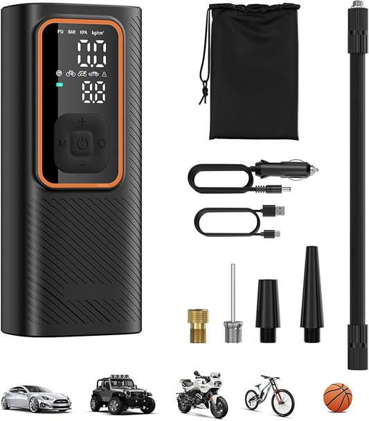 Cordless Tire Inflator Portable Air Compressor, 150 PSI Air Pump with Rechargeable Battery, Tire Pressure Gauge, 12V Car Power Adapter, Smart Air Pump for Car, Motorcycle, Bike, Ball