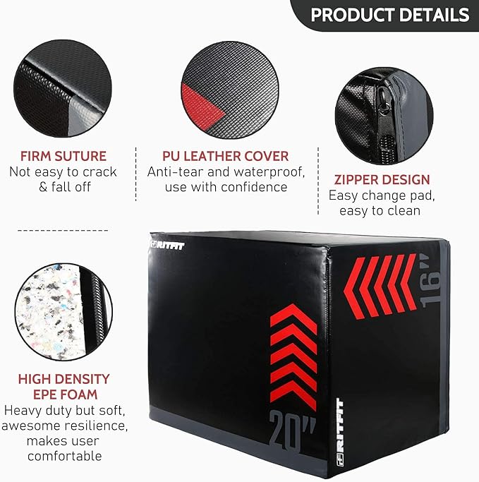 RitFit 3 in 1 Extra Firm Soft Plyo Box Foam Plyometric Box-30”x24”x20”-20"x18"x16" Heavy Duty High Density Foam Jumping Box 3 Sizes with PVC Cover,Platform for Home Gym Fitness, 440lb Weight Capacity