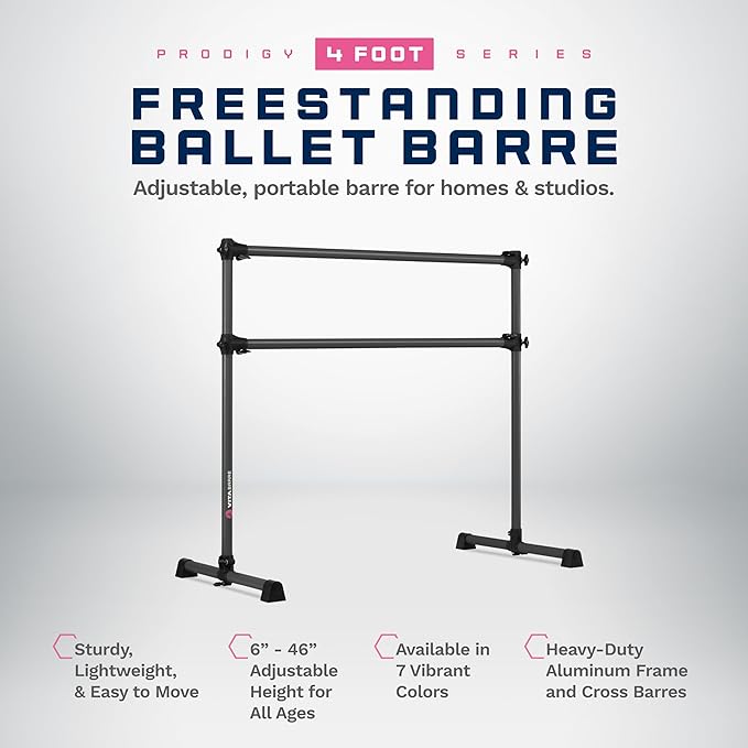 VITA Barre Portable Freestanding Double Ballet Barre, Prodigy, Aluminum | Adjustable Height, USA Made, Home or Gym Exercise Equipment for Kids & Adults | Dance, Fitness, Pilates