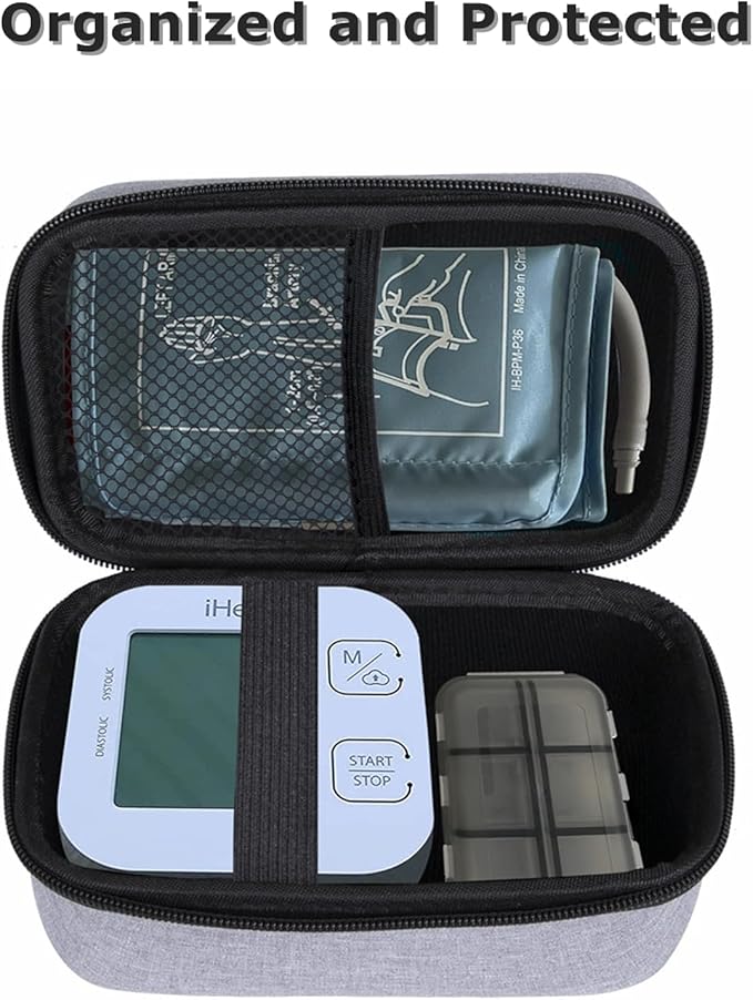 Ginsco Compact Hard Shell Case for Blood Pressure Monitor, Compatible with Omron Bronze/iHealth/Oklar, Portable Carrying Travel Case with Handle, Mesh Pocket for Cuff/Batteries/Charger (Gray, M)