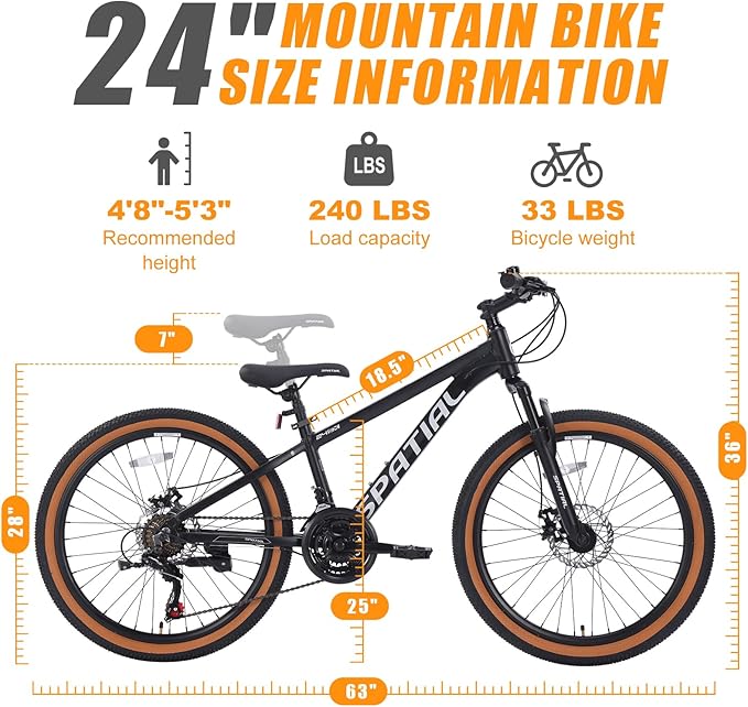 SPATIAL Mountain Bike, 24/26/27.5/29 inch Outdoor Cycling Bike,21/8 Speed Lightweight Aluminum Frame | Dual Disc Brakes,Adjustable Ergonomic Seat for Men Women Adult,MTB Bicycle