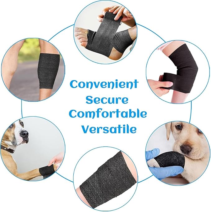 24 Rolls Elastic Self Adhesive Bandage Wrap 1 Inch, Breathable Non Woven Cohesive Bandage, Vet Wrap for Dogs, Ankle Sprains Swelling Medical First Aid Tape, Sports Athletic Tape Black