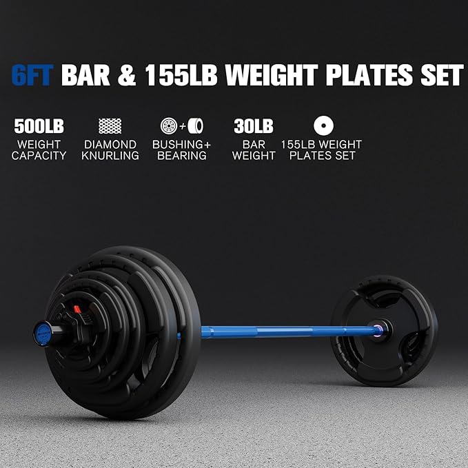 RitFit Barbell Weight Set - 4/6FT Olympic Barbell with Weight Plates (55-275LB Total) - Weightlifting Equipment for Squats, Curls, Deadlifts, Presses, Hip Thrusts