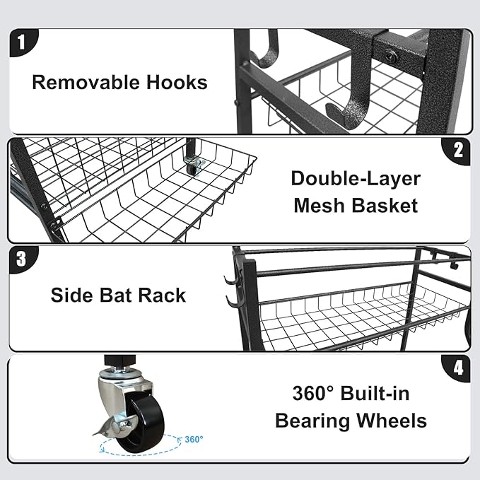Garage Sports Equipment Organizer, Large Capacity Garage Organizer System with Wheels, with Hooks and Baskets, for Ball Storage,Football,Soccer Ball,Bat, Toys